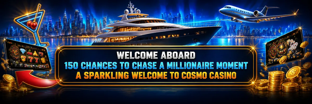Cosmo Casino welcome banner with a blue-lit waterfront, luxury yacht, private jet, cocktail-glass logo and glowing game screens.