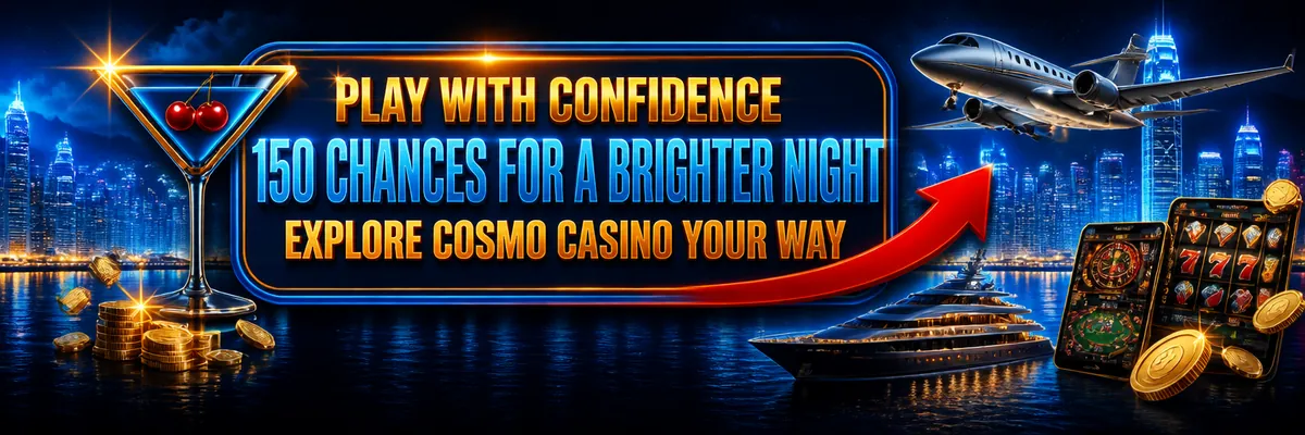 Cosmo Casino banner with a luminous framed message panel, waterfront skyline, private jet, luxury yacht and cocktail-glass logo.