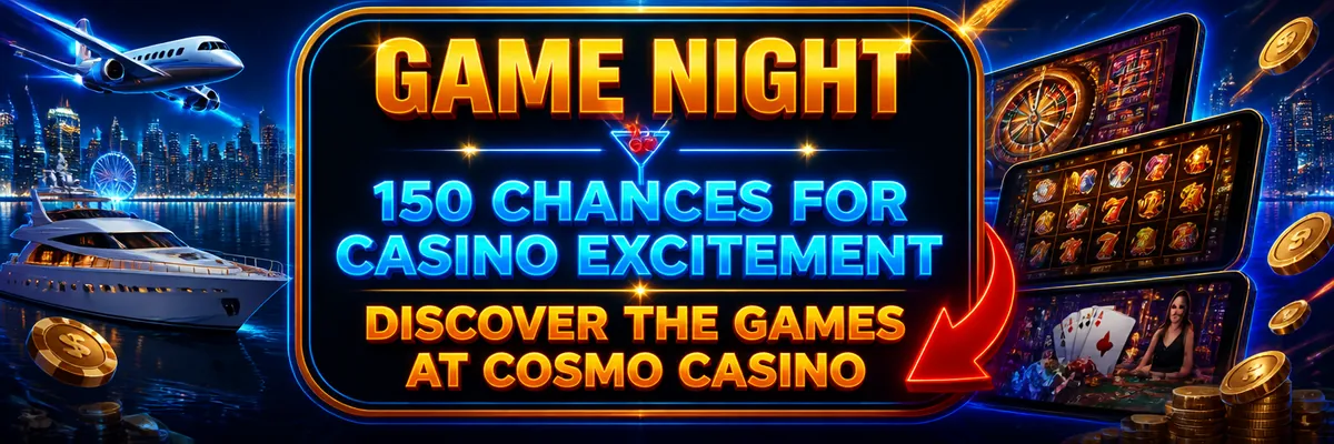 Cosmo Casino games banner featuring tilted casino-game screens, a glittering city waterfront, yacht, jet and signature cocktail-glass logo.